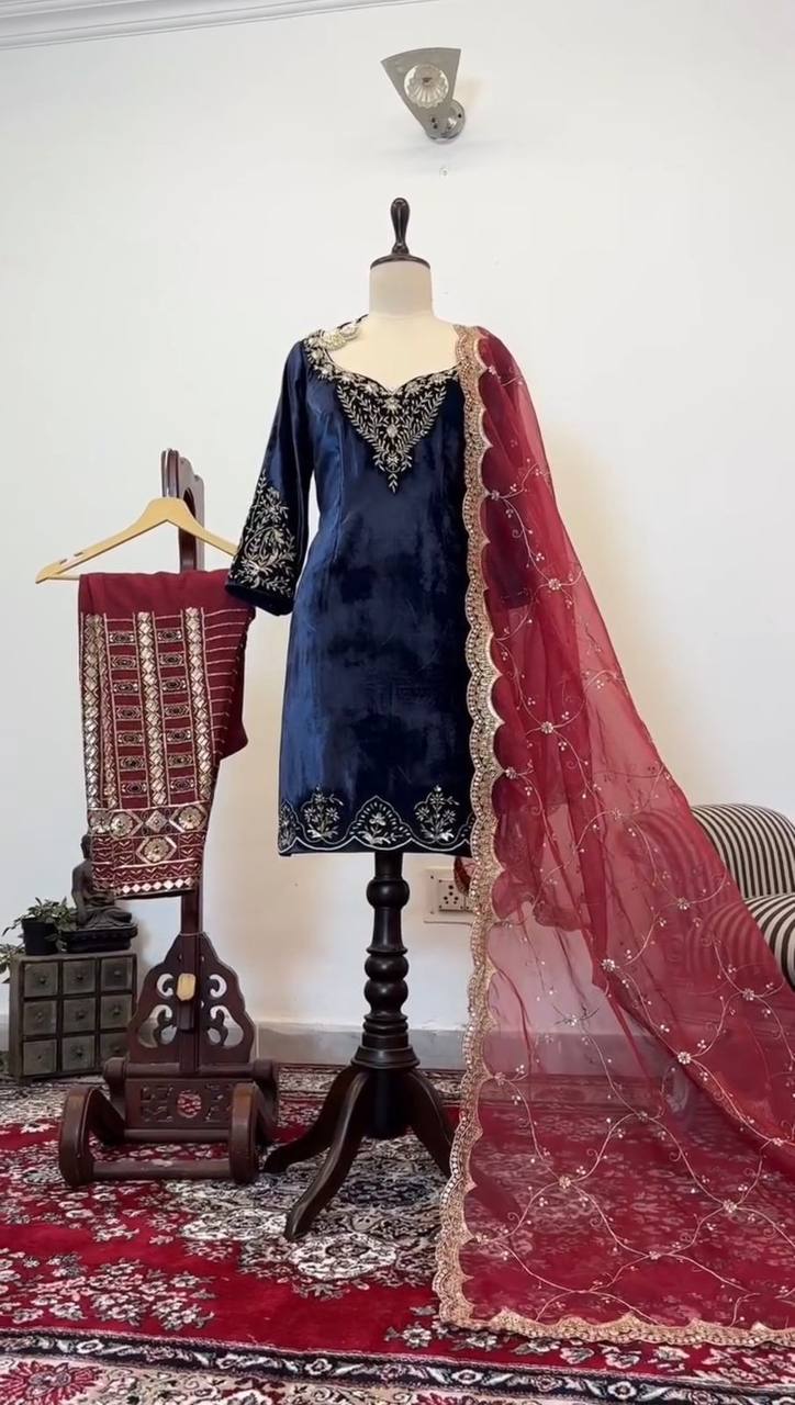 Blue Elegant Velvet Threadwork Suit Set ClothsVilla