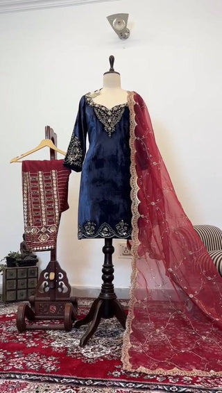 Blue Elegant Velvet Threadwork Suit Set ClothsVilla