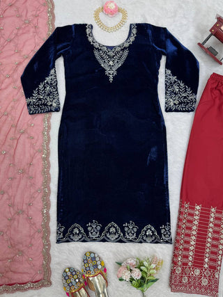 Blue Elegant Velvet Threadwork Suit Set ClothsVilla
