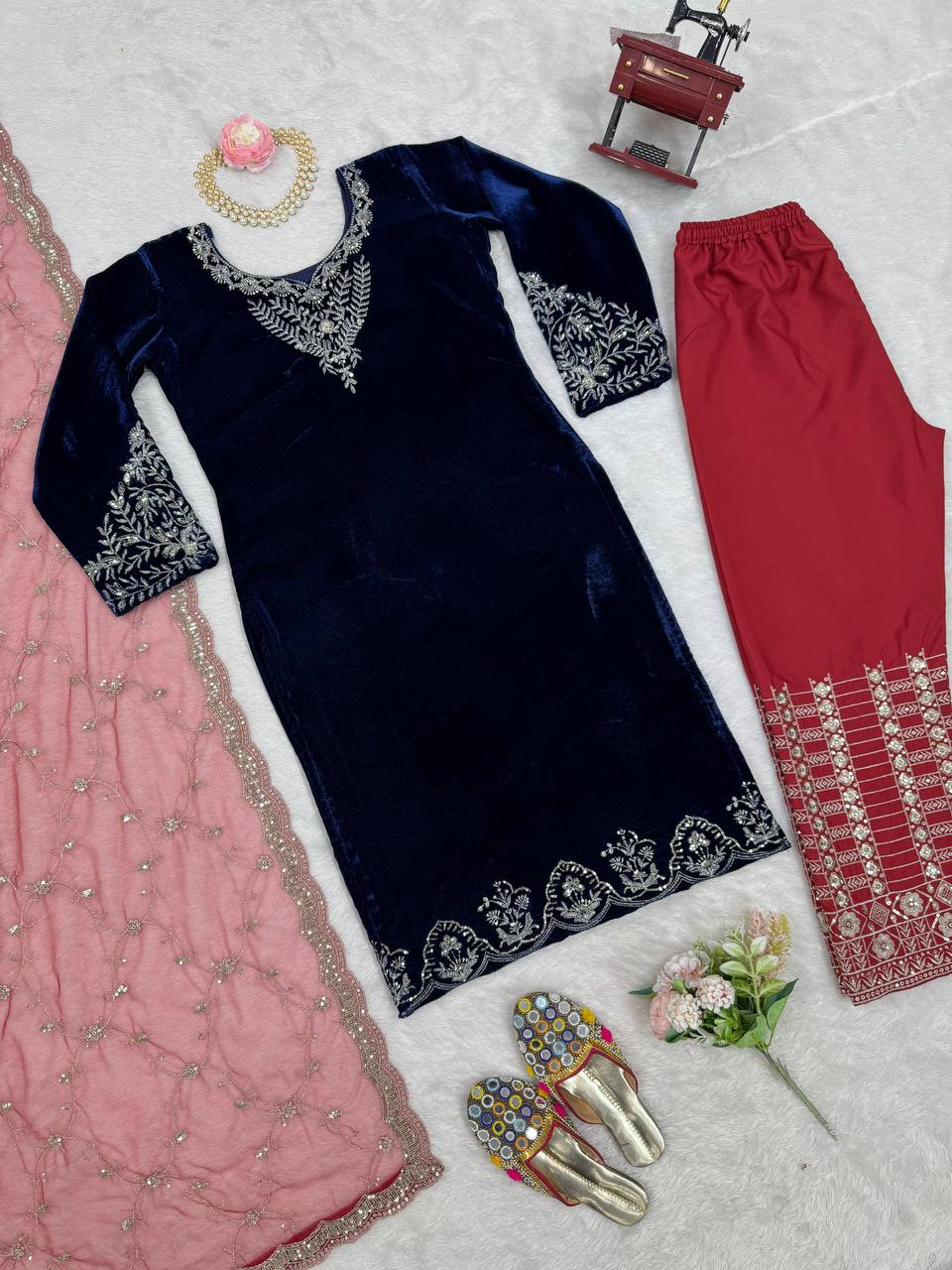 Blue Elegant Velvet Threadwork Suit Set ClothsVilla