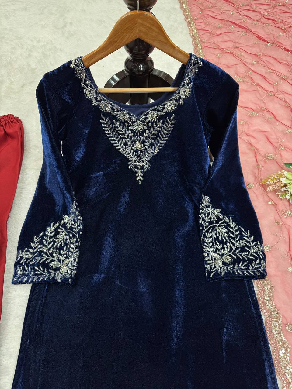 Blue Elegant Velvet Threadwork Suit Set ClothsVilla
