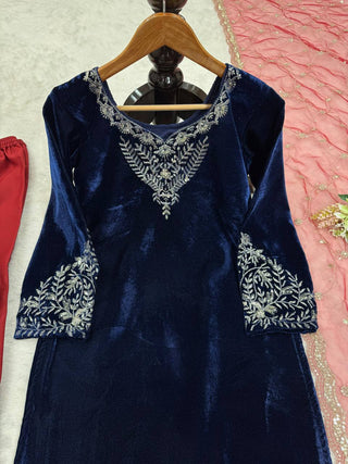 Blue Elegant Velvet Threadwork Suit Set ClothsVilla