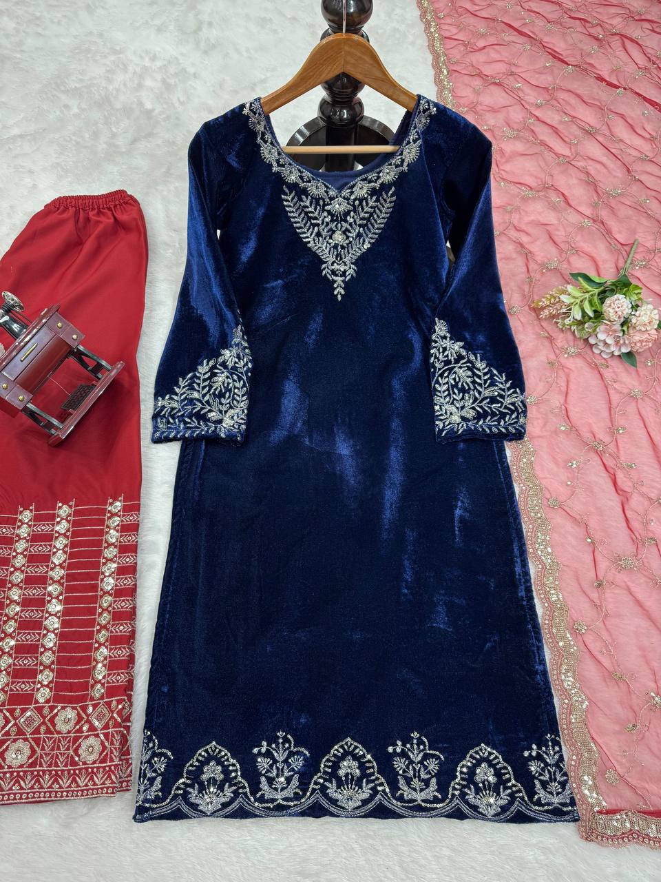 Blue Elegant Velvet Threadwork Suit Set ClothsVilla