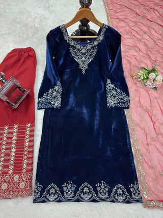 Blue Elegant Velvet Threadwork Suit Set ClothsVilla