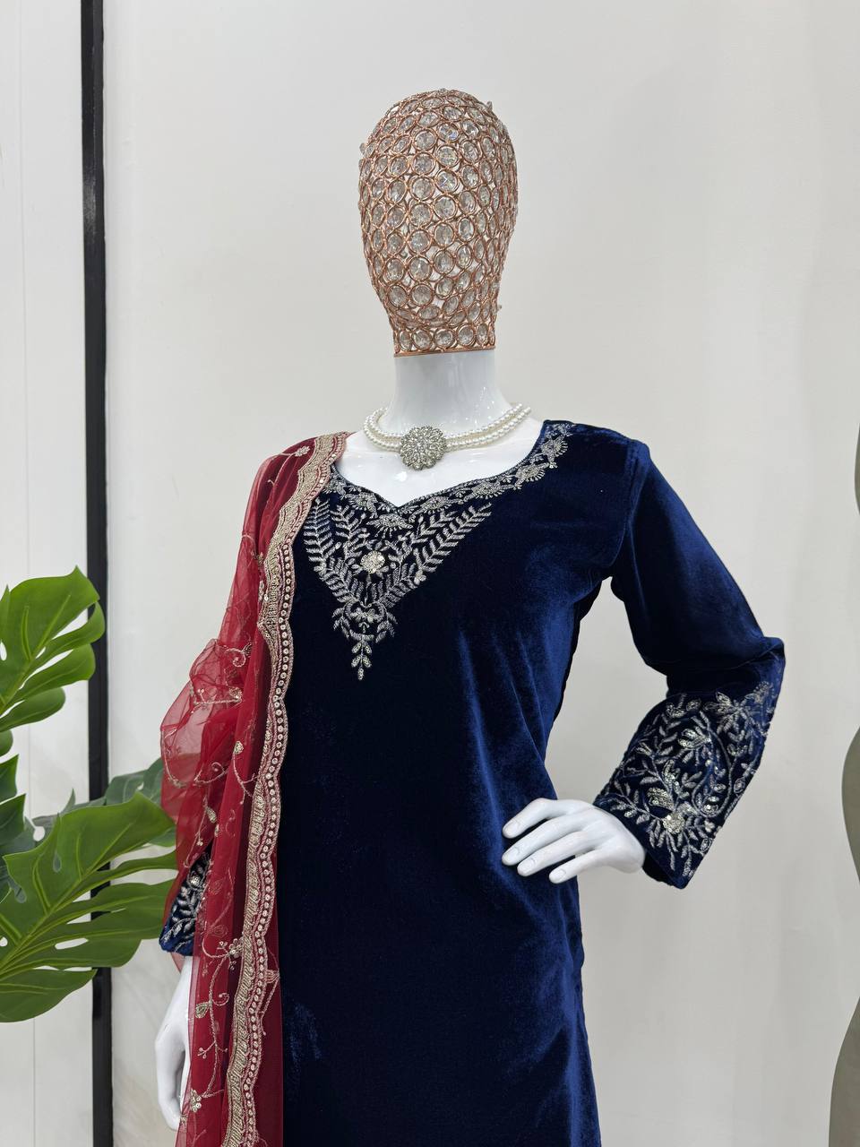Blue Elegant Velvet Threadwork Suit Set ClothsVilla