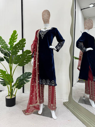 Blue Elegant Velvet Threadwork Suit Set ClothsVilla