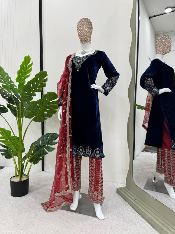 Blue Elegant Velvet Threadwork Suit Set ClothsVilla