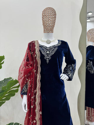 Blue Elegant Velvet Threadwork Suit Set ClothsVilla