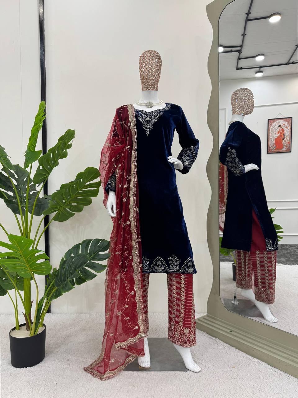 Blue Elegant Velvet Threadwork Suit Set ClothsVilla