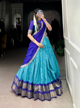 Blue Elegant Zari Chex Lehenga Set – Perfect Blend of Tradition & Trend