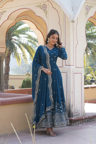 Blue Embroidered Faux Georgette Gown with Dupatta ClothsVilla