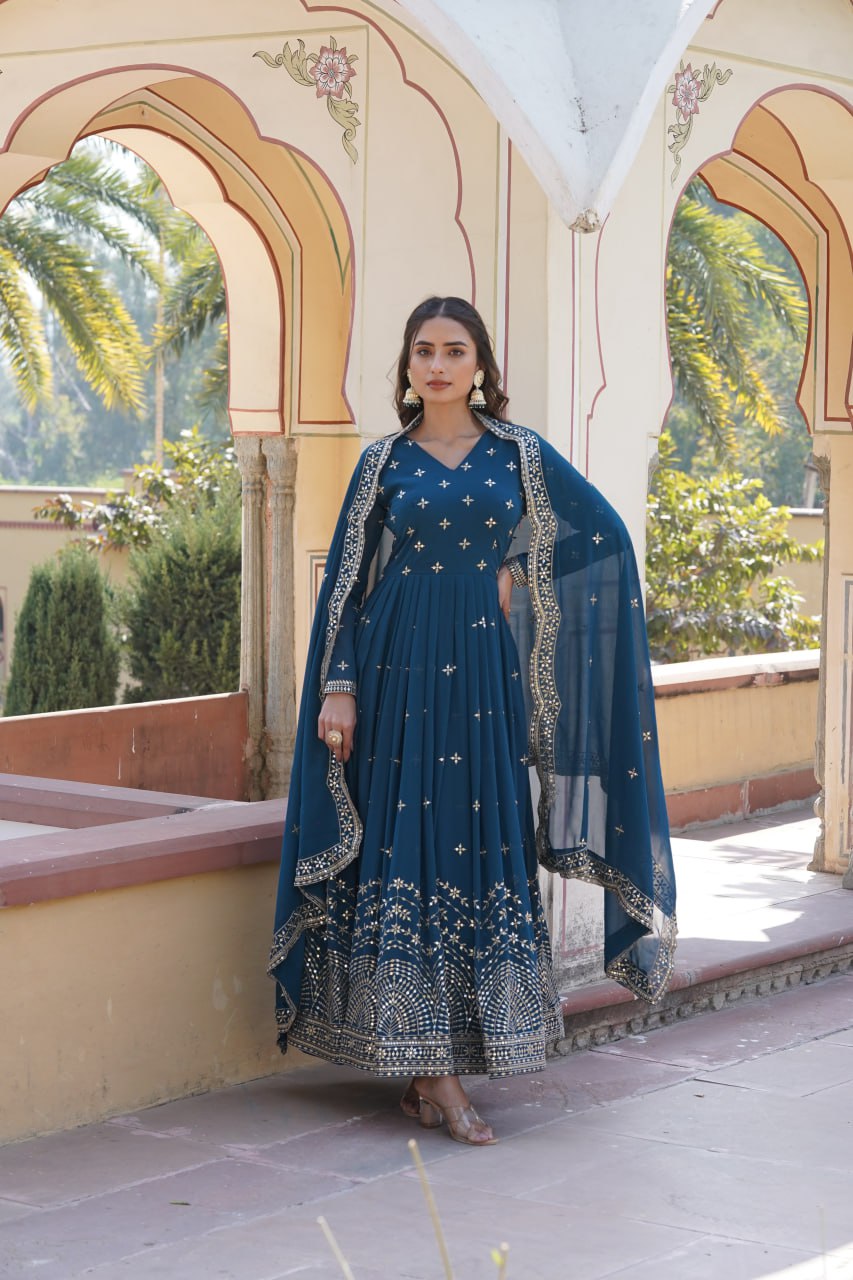 Blue Embroidered Faux Georgette Gown with Dupatta Secondary image