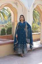 Load image into Gallery viewer, Blue Embroidered Faux Georgette Gown with Dupatta ClothsVilla
