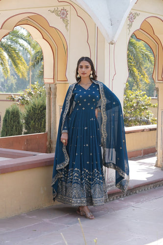 Blue Embroidered Faux Georgette Gown with Dupatta ClothsVilla