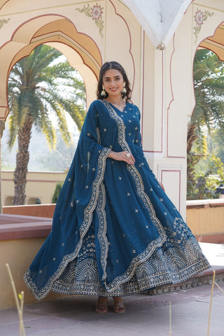 Blue Embroidered Faux Georgette Gown with Dupatta ClothsVilla