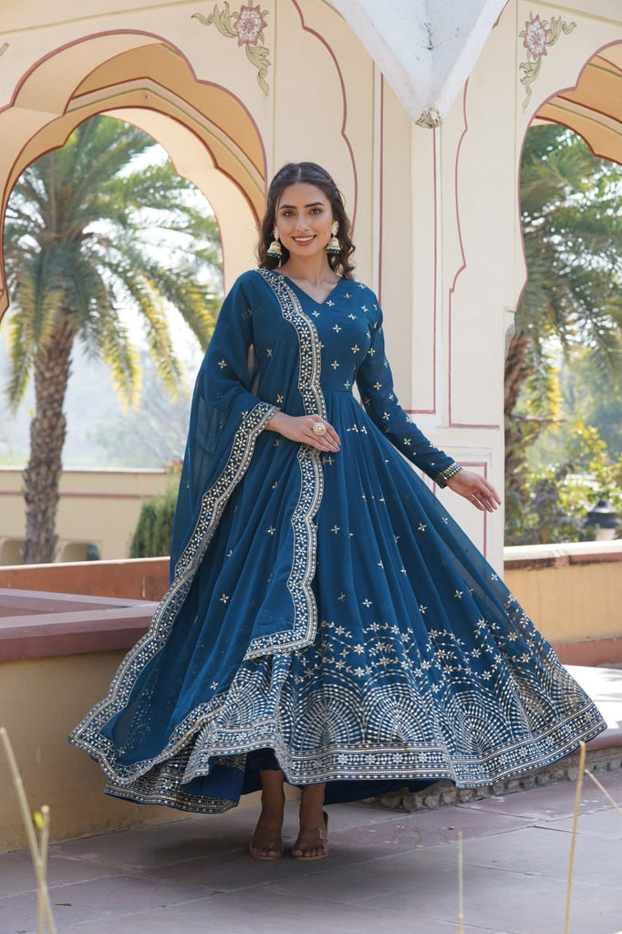 Blue Embroidered Faux Georgette Gown with Dupatta ClothsVilla