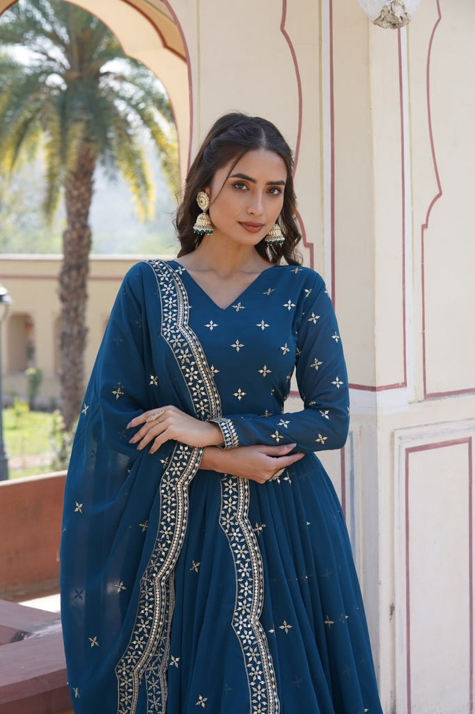 Blue Embroidered Faux Georgette Gown with Dupatta ClothsVilla