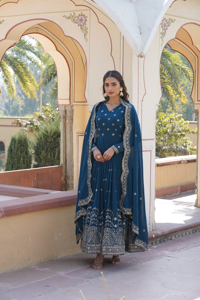 Stunning Party Wear Faux Georgette White Gown Set with Dupatta & Bottom