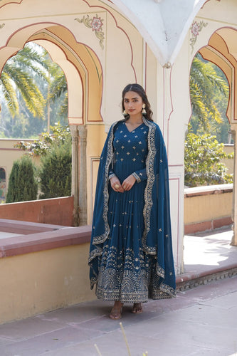 Blue Embroidered Faux Georgette Gown with Dupatta ClothsVilla