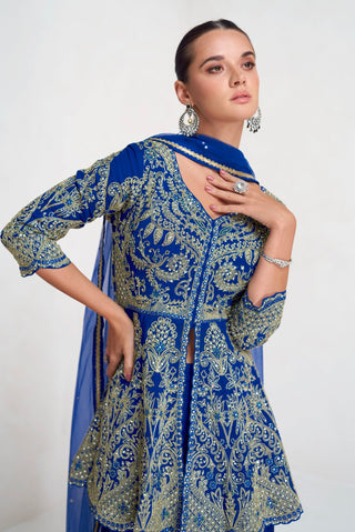 Blue Embroidered Faux Georgette Kurta Palazzo Set with Plain Dupatta – Premium Stitched Ensemble ClothsVilla