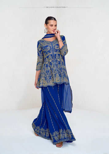 Blue Embroidered Faux Georgette Kurta Palazzo Set with Plain Dupatta – Premium Stitched Ensemble ClothsVilla