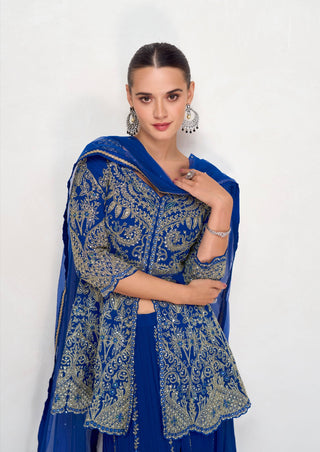 Blue Embroidered Faux Georgette Kurta Palazzo Set with Plain Dupatta – Premium Stitched Ensemble ClothsVilla