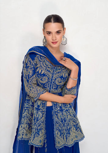 Blue Embroidered Faux Georgette Kurta Palazzo Set with Plain Dupatta – Premium Stitched Ensemble ClothsVilla