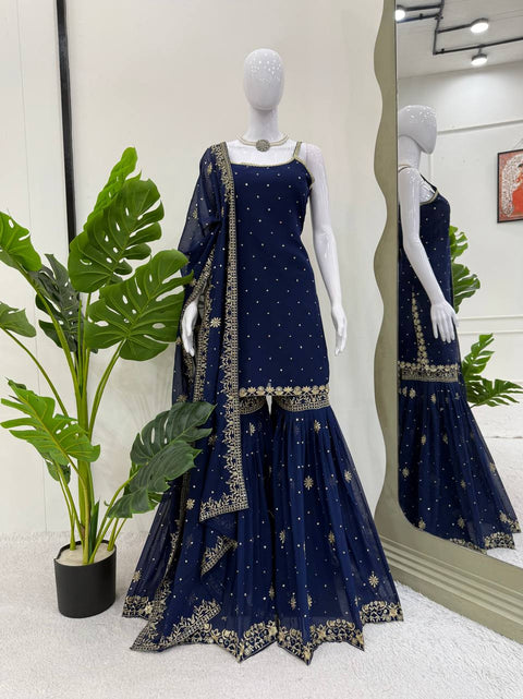 Blue Embroidered Faux Georgette Sharara Set with Lace Border Dupatta ClothsVilla Main image