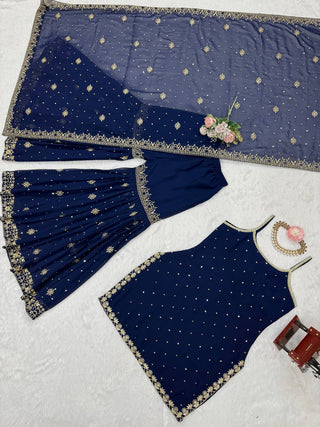 Blue Embroidered Faux Georgette Sharara Set with Lace Border Dupatta ClothsVilla