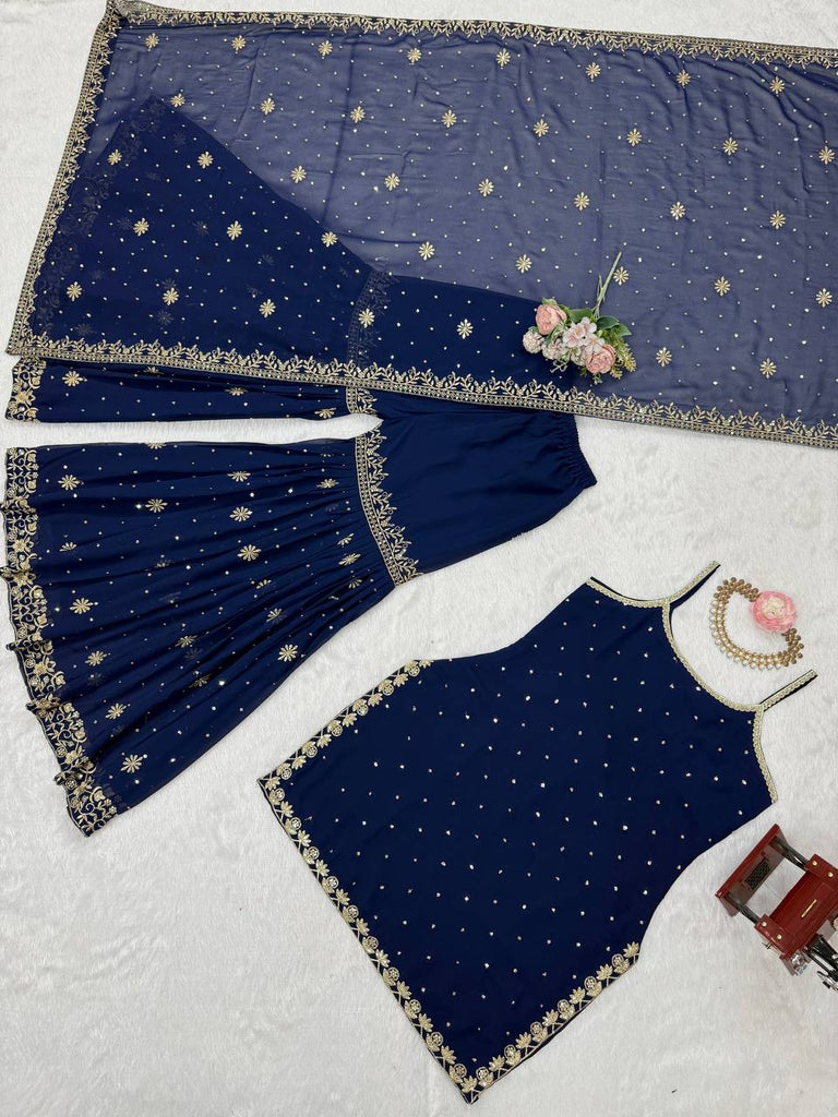 Blue Embroidered Faux Georgette Sharara Set with Lace Border Dupatta ClothsVilla