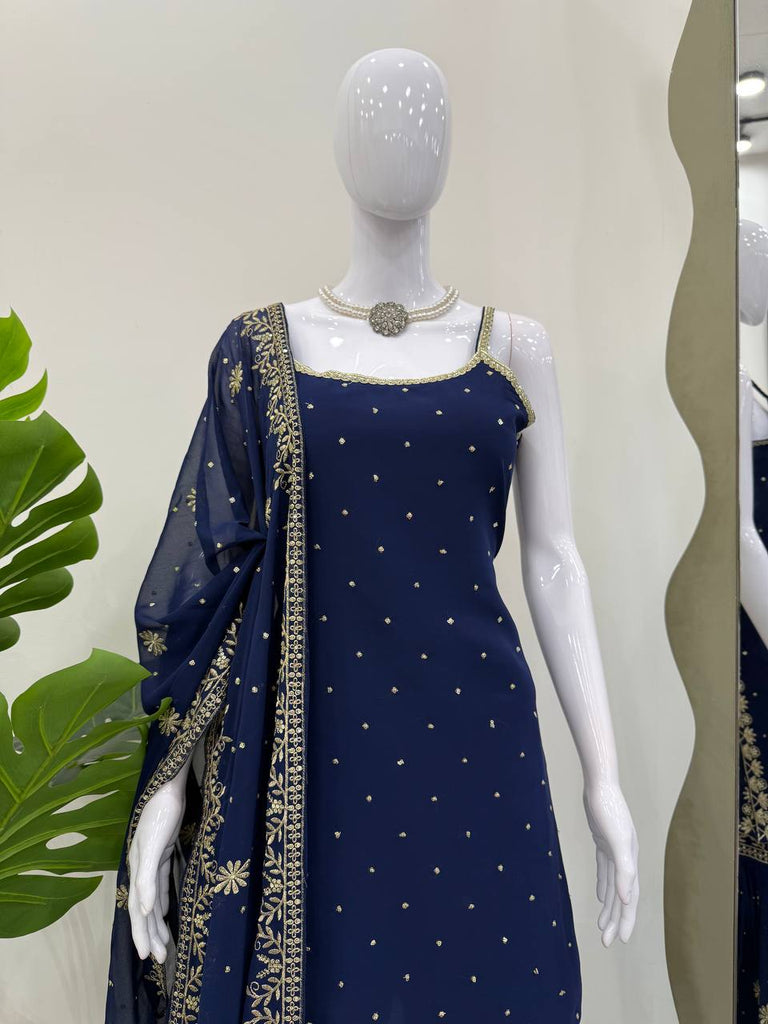 Blue Embroidered Faux Georgette Sharara Set with Lace Border Dupatta ClothsVilla