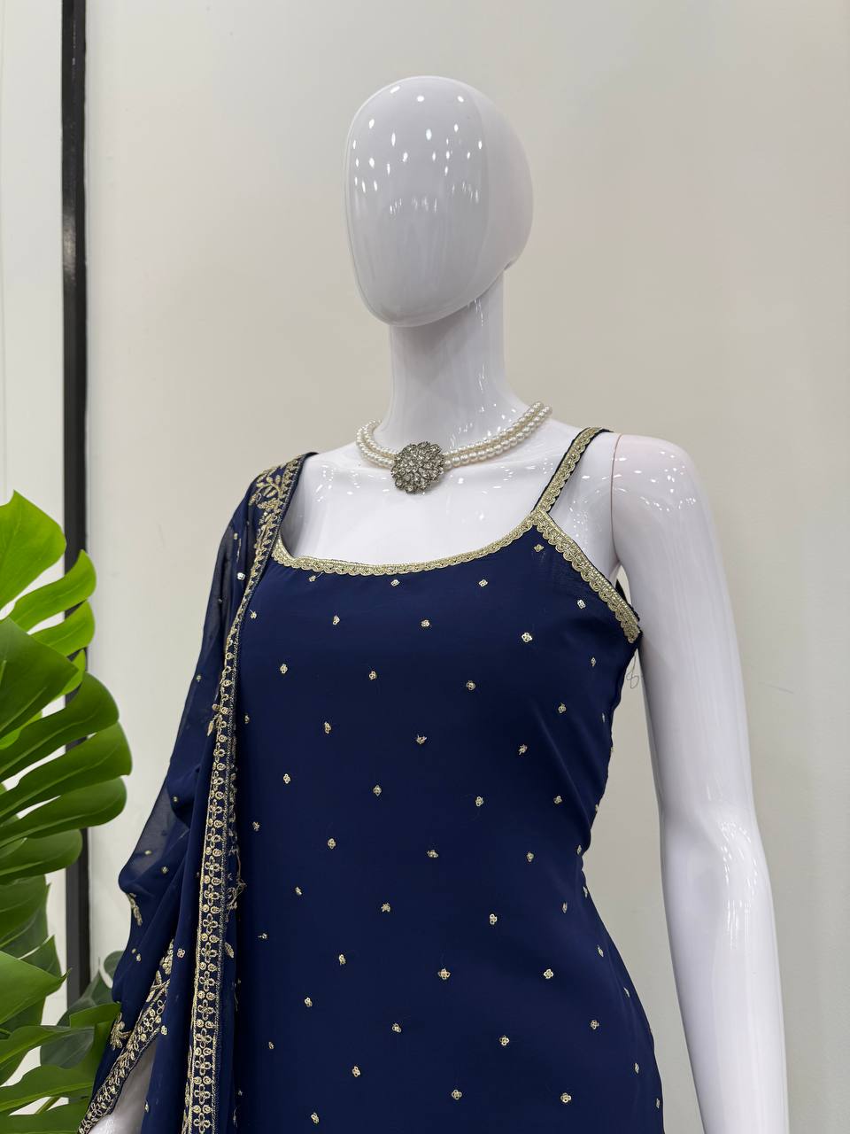 Blue Embroidered Faux Georgette Sharara Set with Lace Border Dupatta ClothsVilla