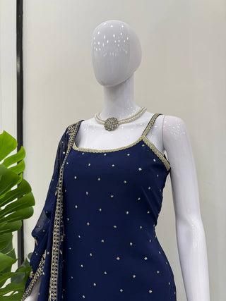 Blue Embroidered Faux Georgette Sharara Set with Lace Border Dupatta ClothsVilla