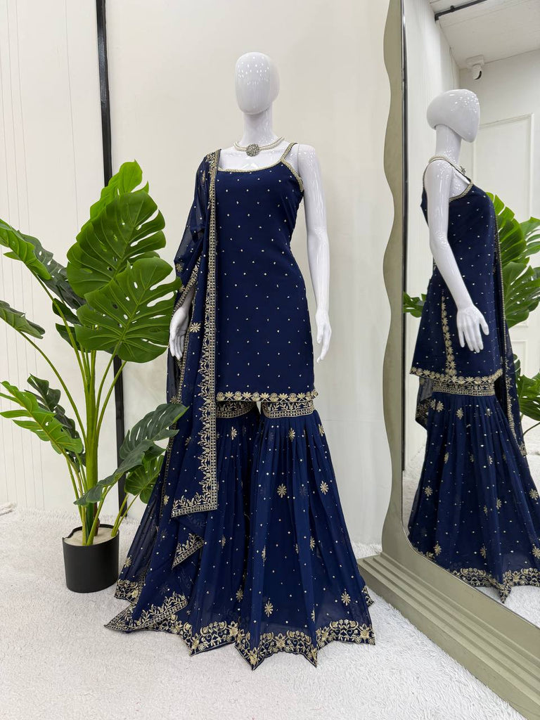 Blue Embroidered Faux Georgette Sharara Set with Lace Border Dupatta ClothsVilla