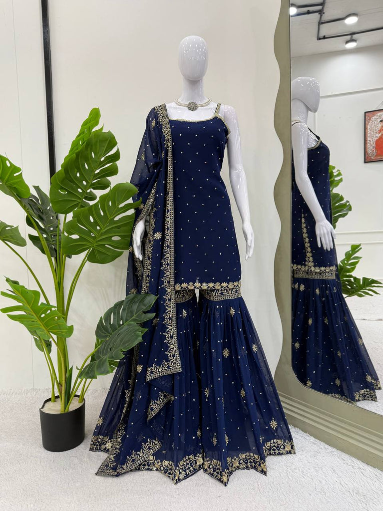 Blue Embroidered Faux Georgette Sharara Set with Lace Border Dupatta ClothsVilla