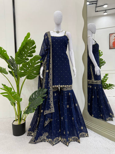 Blue Embroidered Faux Georgette Sharara Set with Lace Border Dupatta ClothsVilla