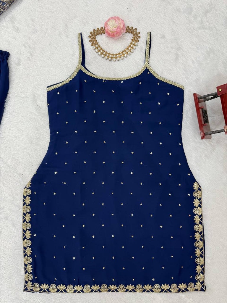 Blue Embroidered Faux Georgette Sharara Set with Lace Border Dupatta ClothsVilla