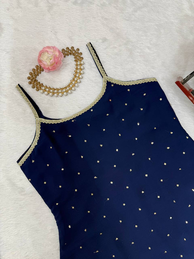 Blue Embroidered Faux Georgette Sharara Set with Lace Border Dupatta ClothsVilla