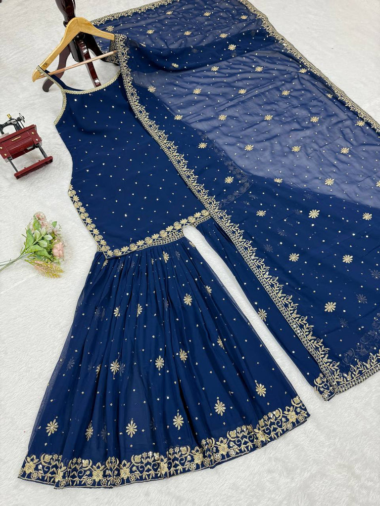 Blue Embroidered Faux Georgette Sharara Set with Lace Border Dupatta ClothsVilla
