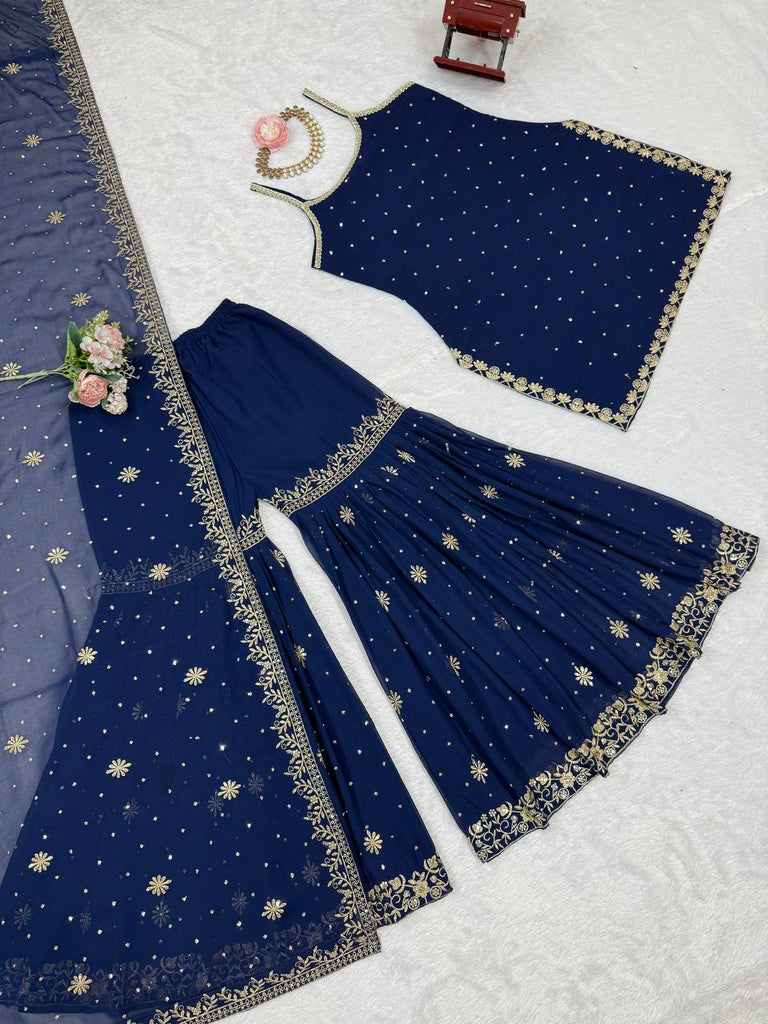 Blue Embroidered Faux Georgette Sharara Set with Lace Border Dupatta ClothsVilla