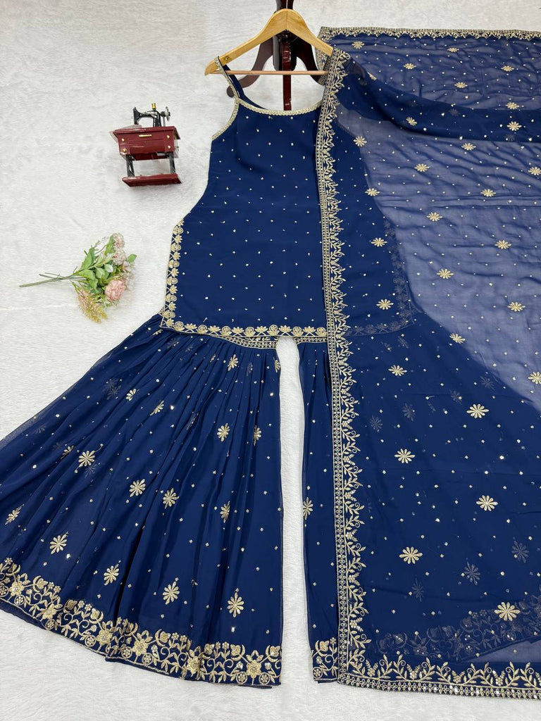 Blue Embroidered Faux Georgette Sharara Set with Lace Border Dupatta ClothsVilla