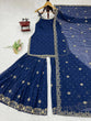 Load image into Gallery viewer, Blue Embroidered Faux Georgette Sharara Set with Lace Border Dupatta ClothsVilla