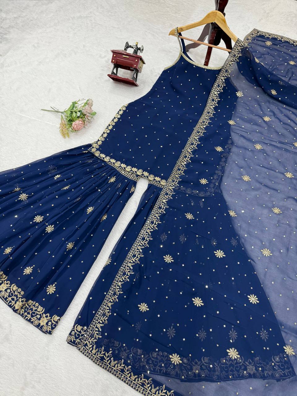 Blue Embroidered Faux Georgette Sharara Set with Lace Border Dupatta ClothsVilla