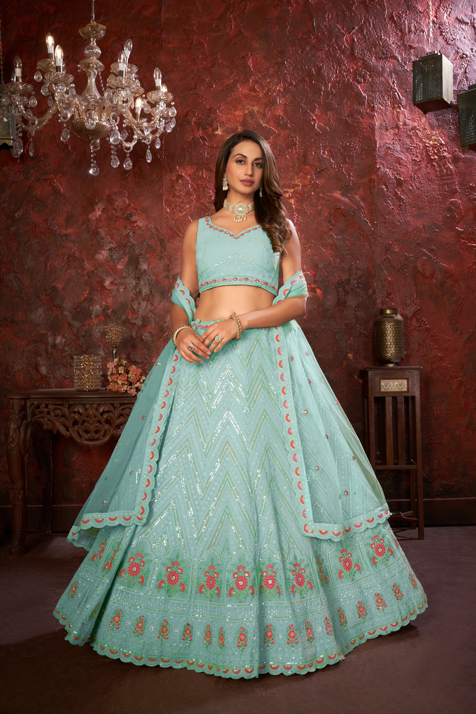 Blue Embroidered Fox Georgette Lehenga Choli Set ClothsVilla