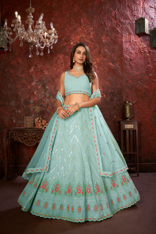 Blue Embroidered Fox Georgette Lehenga Choli Set ClothsVilla