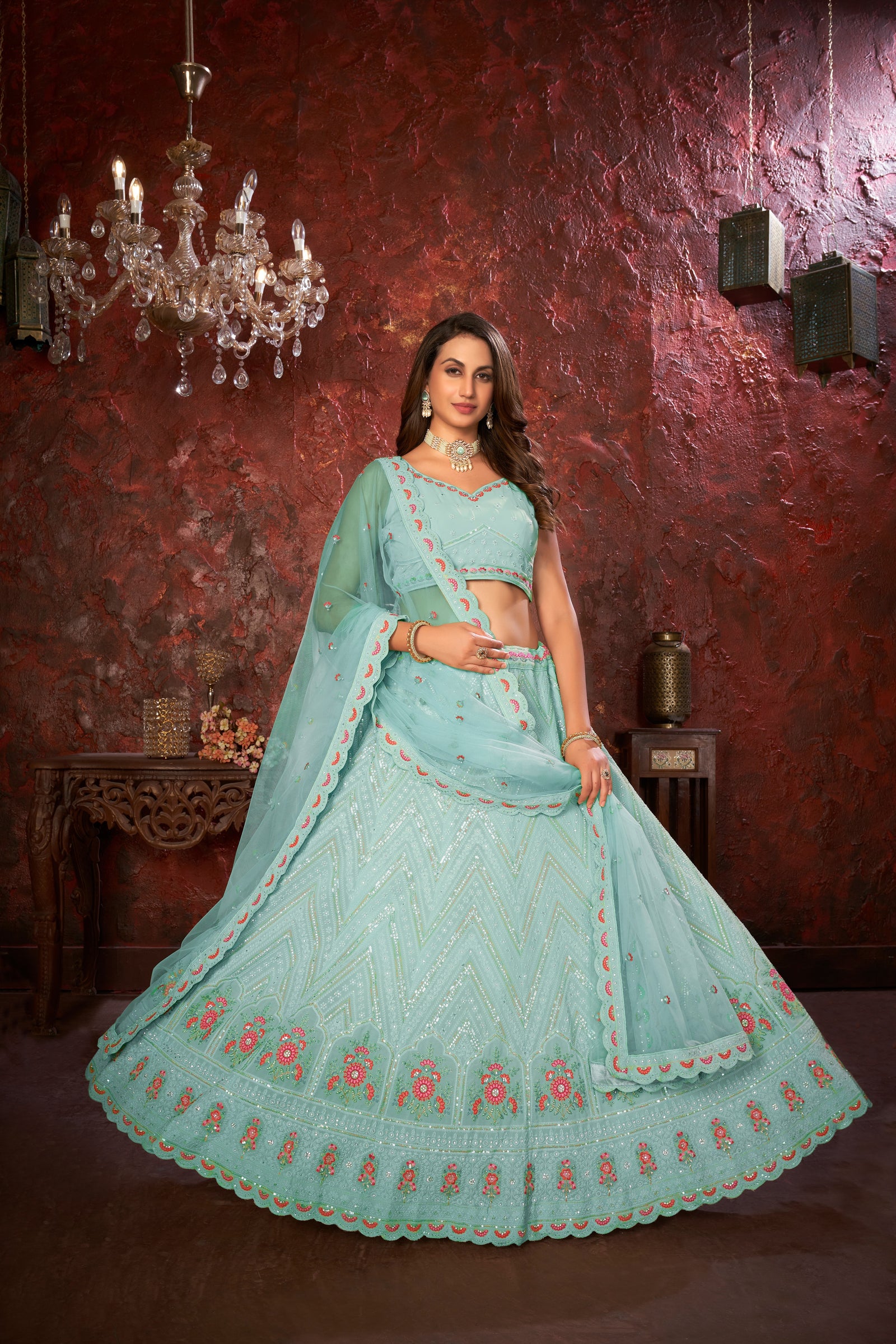Blue Embroidered Fox Georgette Lehenga Choli Set ClothsVilla