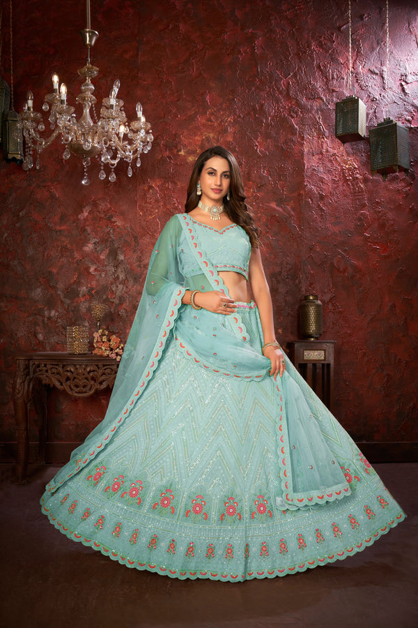 Blue Embroidered Fox Georgette Lehenga Choli Set ClothsVilla