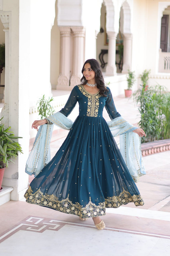 Blue Embroidered Gown with Dupatta