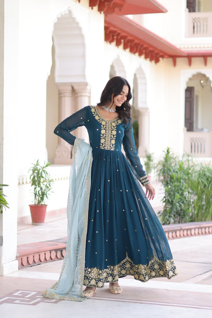 Blue Embroidered Gown with Dupatta