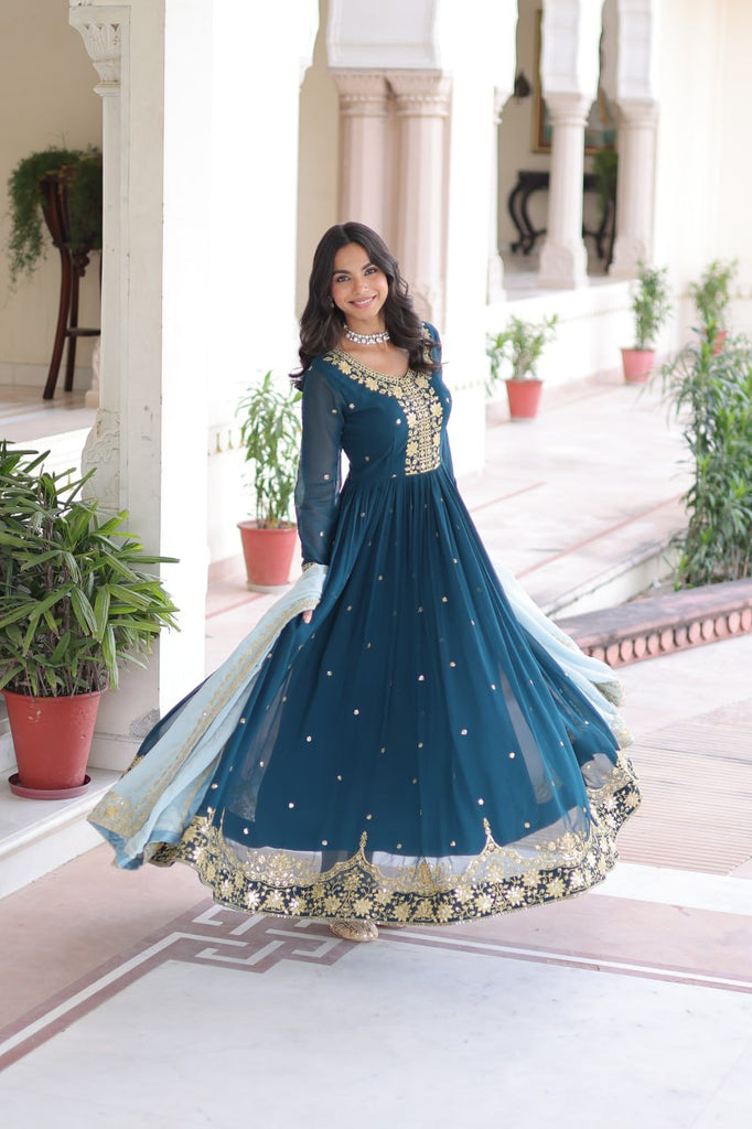 Blue Embroidered Gown with Dupatta